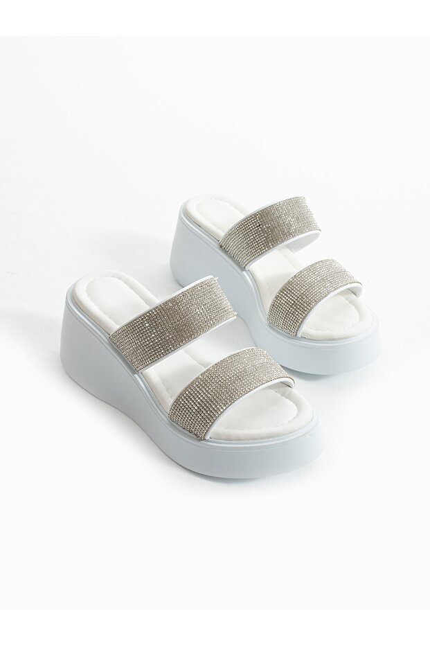 Si̇lva White Stone Detailed Platform Women's Slippers
