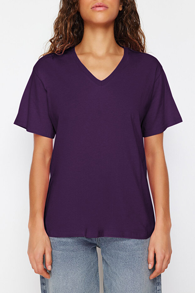 Mor %100 Pamuk Oversize/Geniş Kalıp V Yaka Örme T-Shirt TWOSS23TS00003 - 3