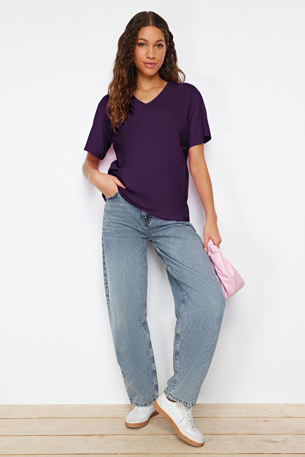 Mor %100 Pamuk Oversize/Geniş Kalıp V Yaka Örme T-Shirt TWOSS23TS00003 - 4
