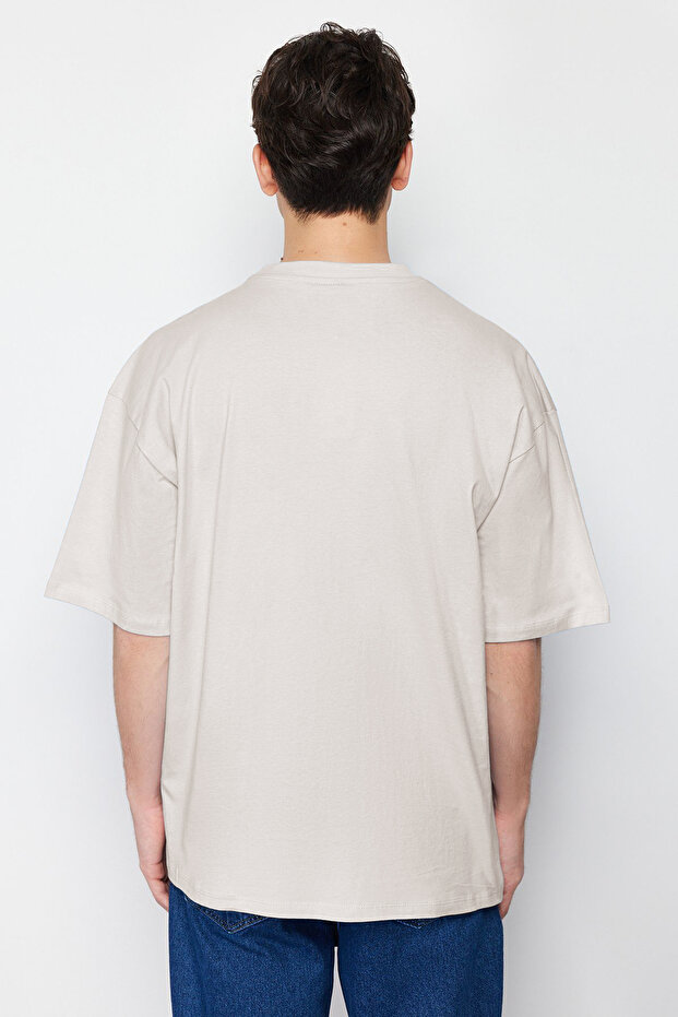 Taş Oversize %100 Pamuklu Bisiklet Yaka Minimal Yazı Baskılı Tok Kumaş T-shirt TMNSS23TS00084 - 2