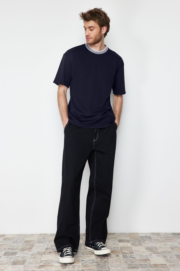 Lacivert Oversize/Geniş Kesim Triko Bantlı Dokulu Pike T-Shirt TMNSS23TS00079 - 9