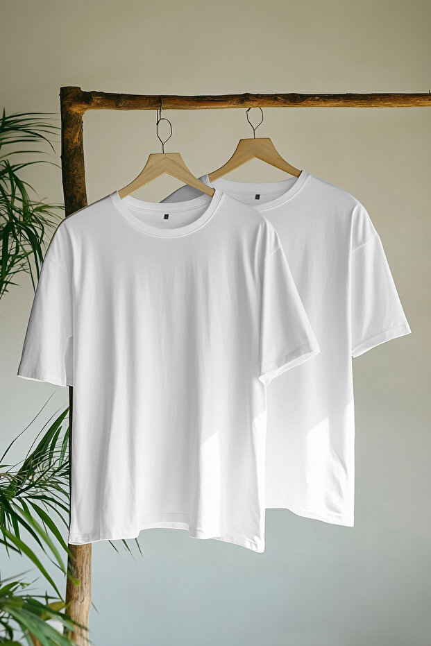 Unisex Beyaz-Beyaz Oversize 2'li Paket Basic %100 Pamuklu T-Shirt TMNSS24TS00038 - 1