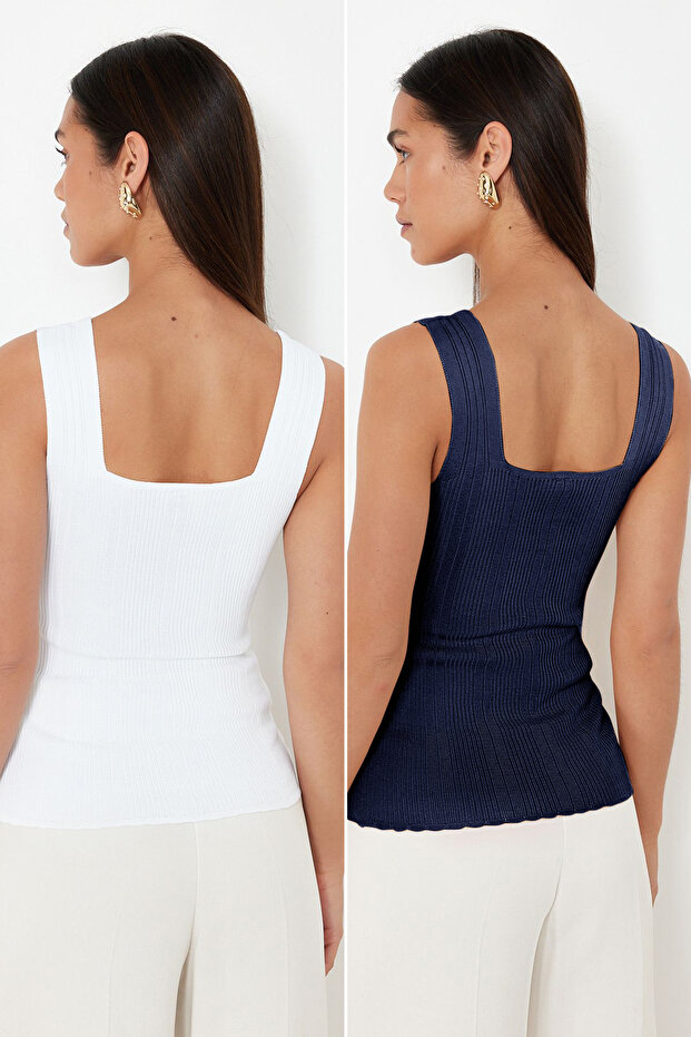Lacivert-Ekru Basic İkili Paket Top İnce Triko Bluz TWOSS24BZ00623 - 5