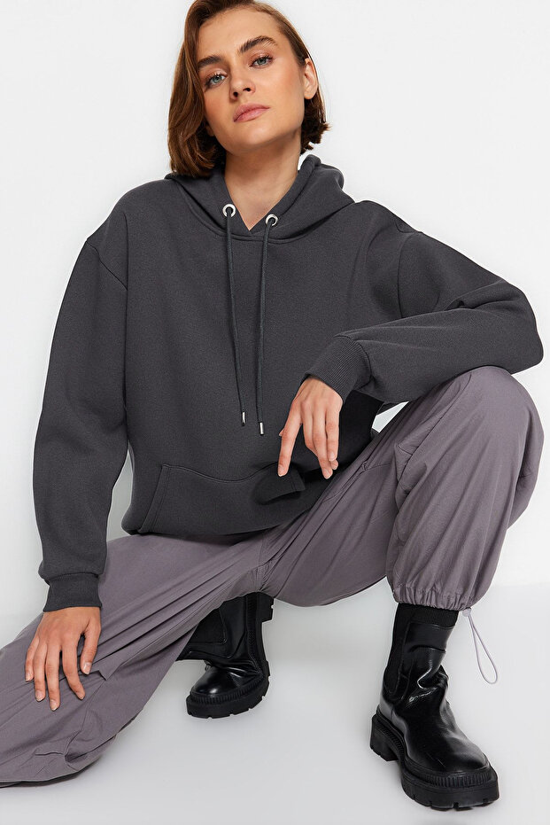Antrasit Kanguru Cepli Kapüşonlu Boyfriend Şardonlu Örme Kalın Sweatshirt - 4