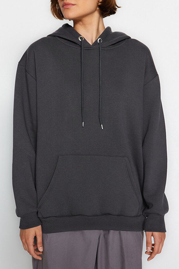 Antrasit Kanguru Cepli Kapüşonlu Boyfriend Şardonlu Örme Kalın Sweatshirt - 5