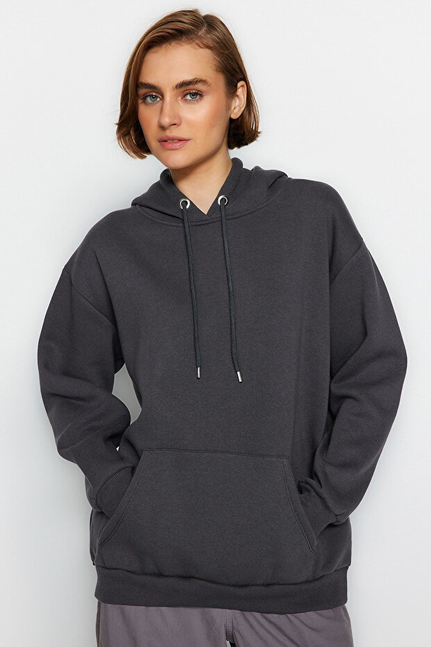 Antrasit Kanguru Cepli Kapüşonlu Boyfriend Şardonlu Örme Kalın Sweatshirt - 1