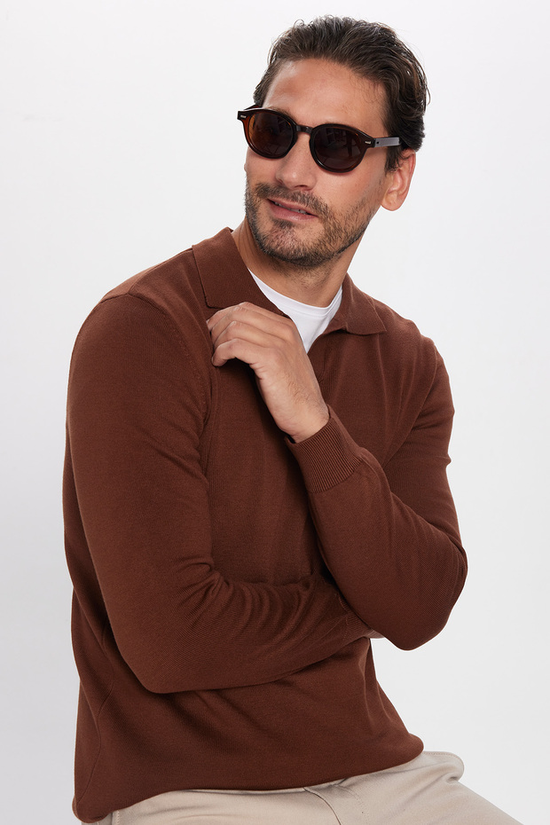 Men's Standard Fit Regular Cut Polo V-Neck Brown Knitwear Sweater