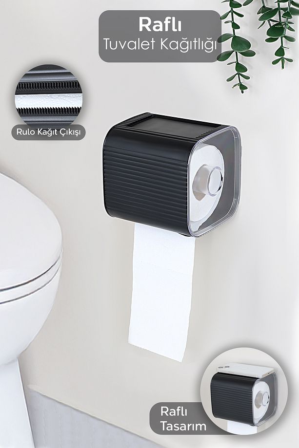Yapışkanlı Kapalı Tuvalet Kağıtlığı - Plastik Banyo Wc Tuvalet Kağıtlık Raflı Peçetelik Siyah - 1
