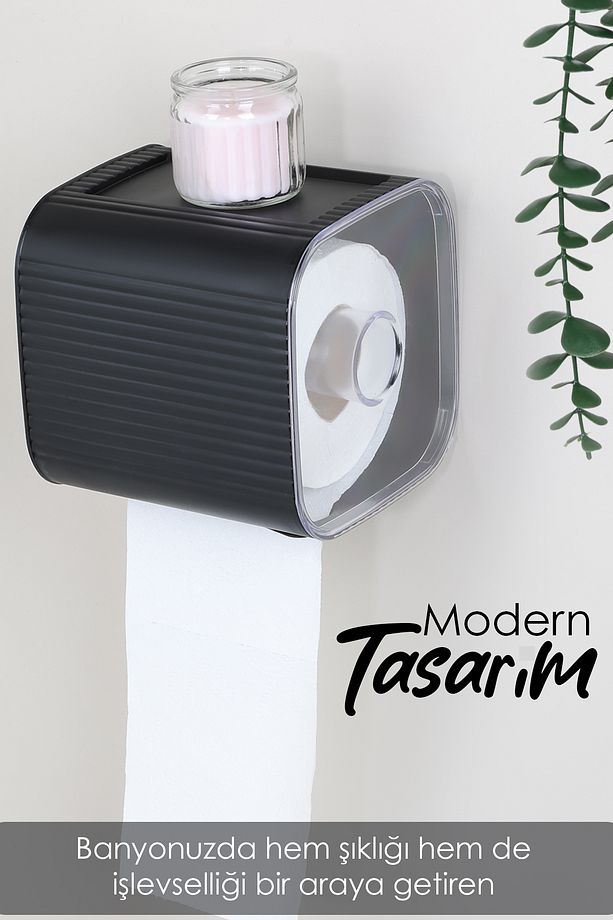 Yapışkanlı Kapalı Tuvalet Kağıtlığı - Plastik Banyo Wc Tuvalet Kağıtlık Raflı Peçetelik Siyah - 4