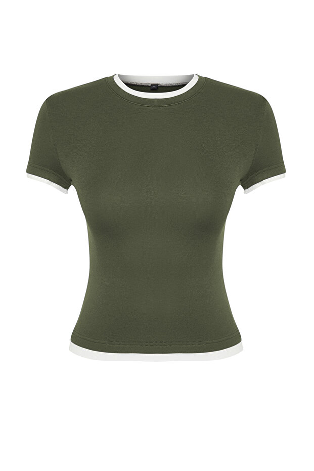 Haki Viskoz/Yumuşak Kumaşlı Renk Bloklu Vücuda Oturan Esnek Örme T-Shirt TWOSS24TS00063 - 7