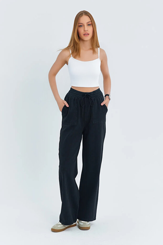 Siyah Cep Detaylı Kot Görünümlü Wide Leg/Geniş Paça Dokuma Pantolon TWOSS25PL00076 - 1