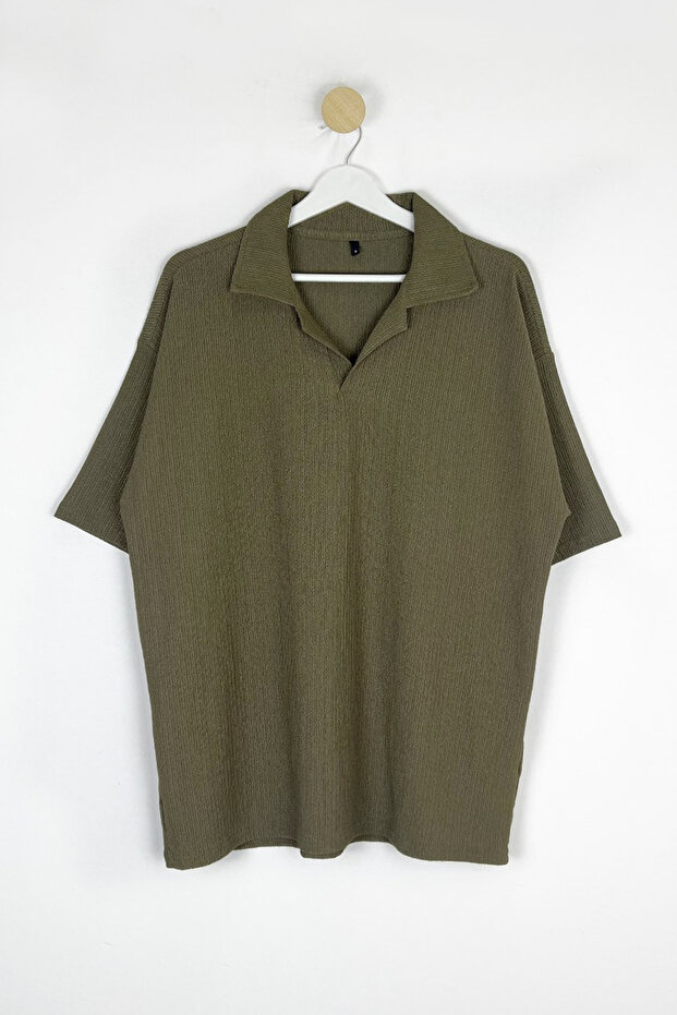 Haki Oversize/Geniş Kesim Bürümcük Dokulu Polo Yaka T-Shirt TMNSS25PO00018 - 5