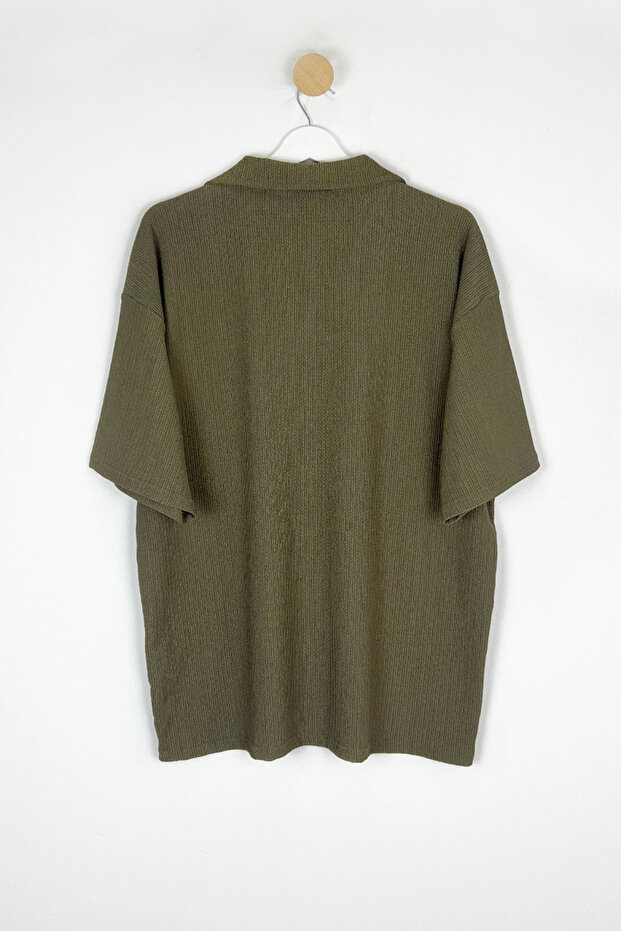 Haki Oversize/Geniş Kesim Bürümcük Dokulu Polo Yaka T-Shirt TMNSS25PO00018 - 6