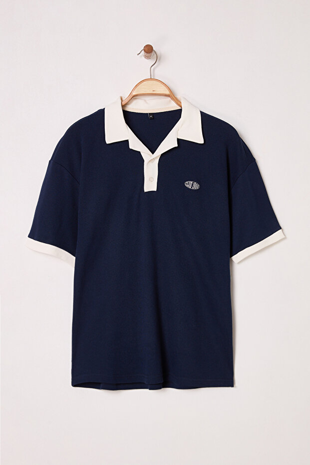 Lacivert Oversize/Geniş Kesim Nakış Detaylı Polo Yaka T-shirt TMNSS25PO00013 - 6