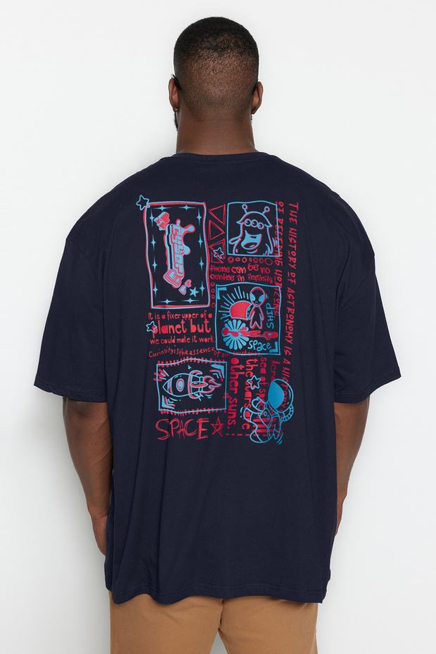 Büyük Beden Lacivert Oversize/Geniş Kesim %100 Pamuklu T-Shirt TMNSS25BF00009 - 1
