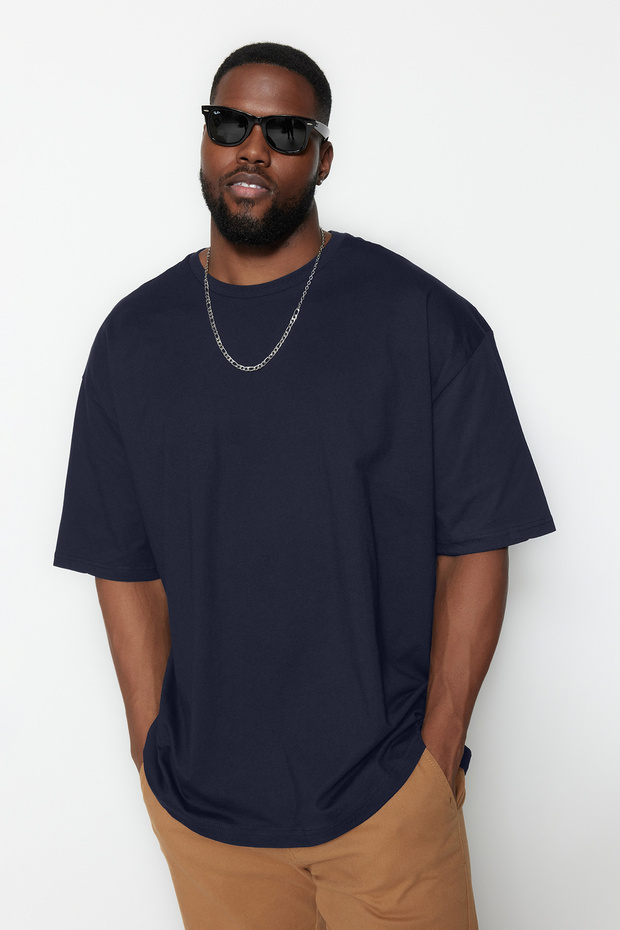 Büyük Beden Lacivert Oversize/Geniş Kesim %100 Pamuklu T-Shirt TMNSS25BF00009 - 2