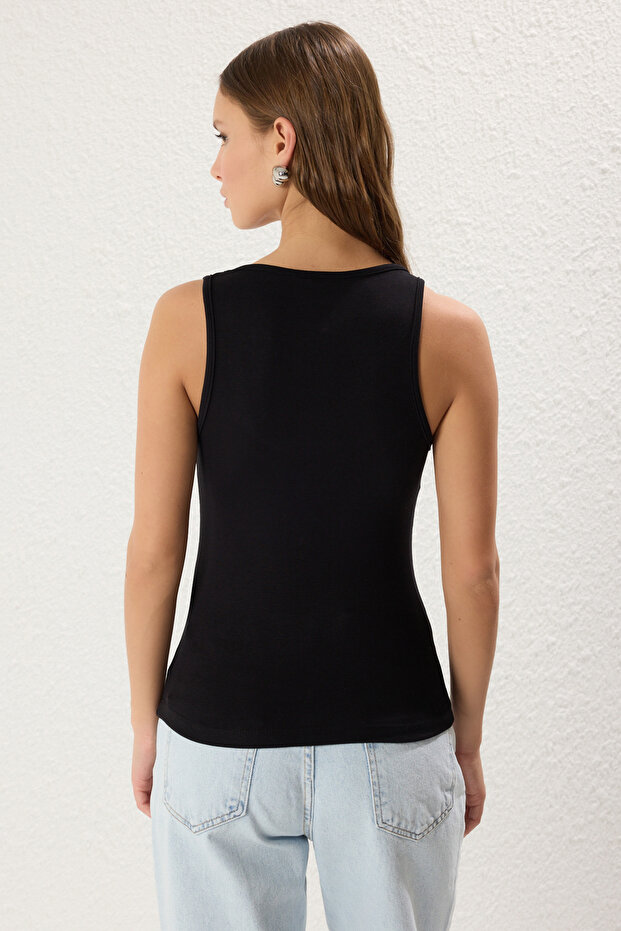 Siyah Düz Fitted/vücuda Havuz Yaka Oturan Esnek  Örme Atlet TWOSS25AL00020 - 5