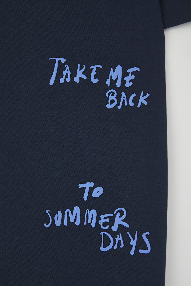 Lacivert 0versize/Geniş Kesim Yazı Baskılı %100 Pamuk T-Shirt TMNSS25TS00064 - 8