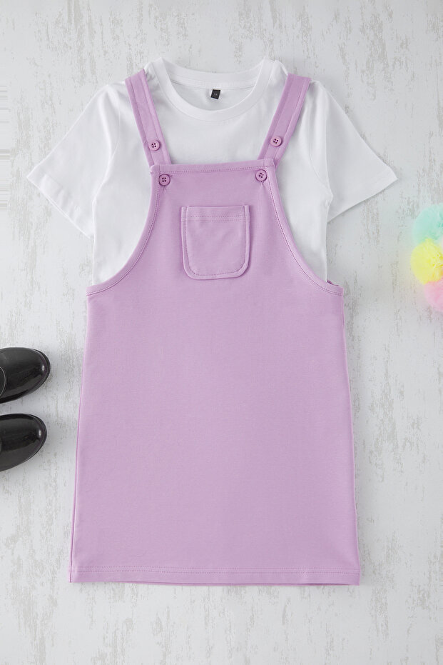Lila Kız Çocuk Pamuklu Esnek T-Shirt-Jile Set Örme Elbise TKDSS25EL00045 - 4