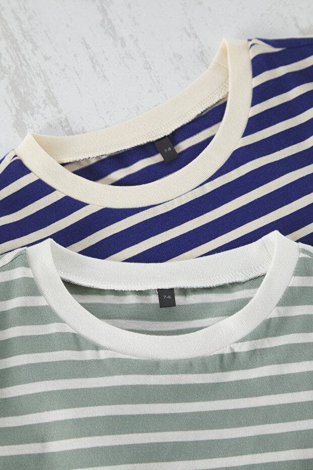Lacivert-Yeşil 2'li Erkek Çocuk %100 Pamuk Basic Regular Kalıp Kısa Kol Örme T-Shirt TKDSS25TS00029 - 3