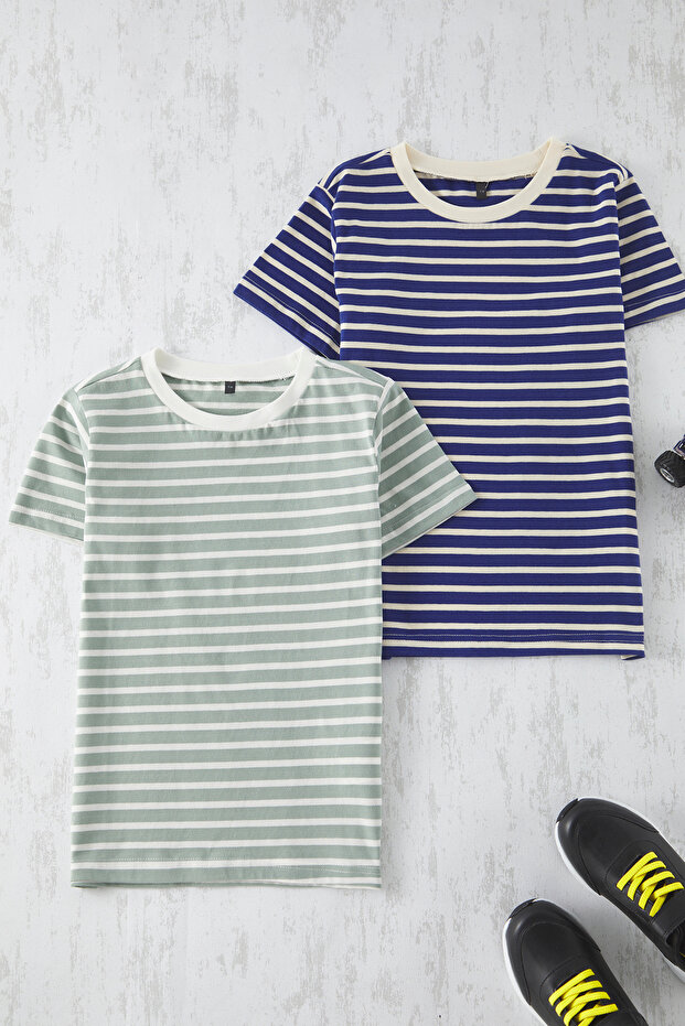 Lacivert-Yeşil 2'li Erkek Çocuk %100 Pamuk Basic Regular Kalıp Kısa Kol Örme T-Shirt TKDSS25TS00029 - 2