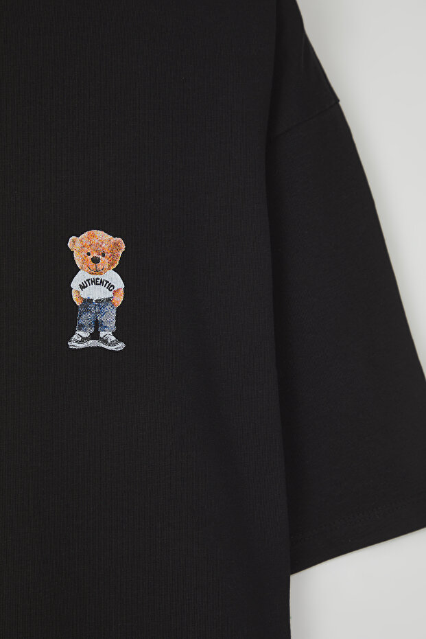 Siyah Unisex Oversize/Geniş Kesim Ayıcık Baskılı %100 Pamuklu T-Shirt TMNSS25TS00161 - 6