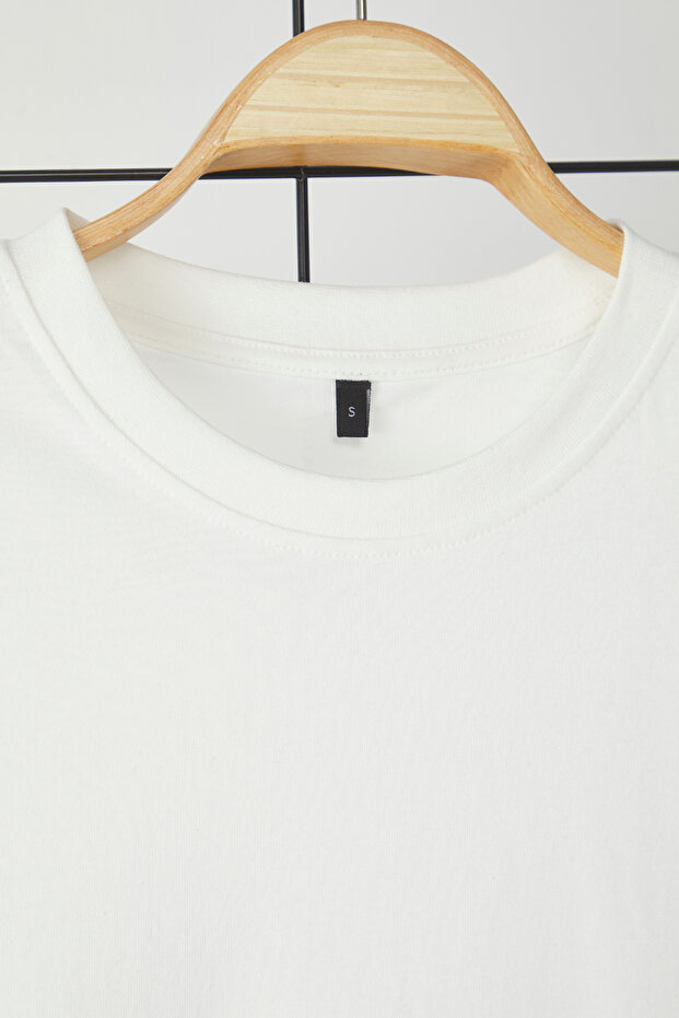Ekru Loose/Düşük Omuz %100 Pamuklu Basic T-Shirt TMNSS25TS00162 - 6