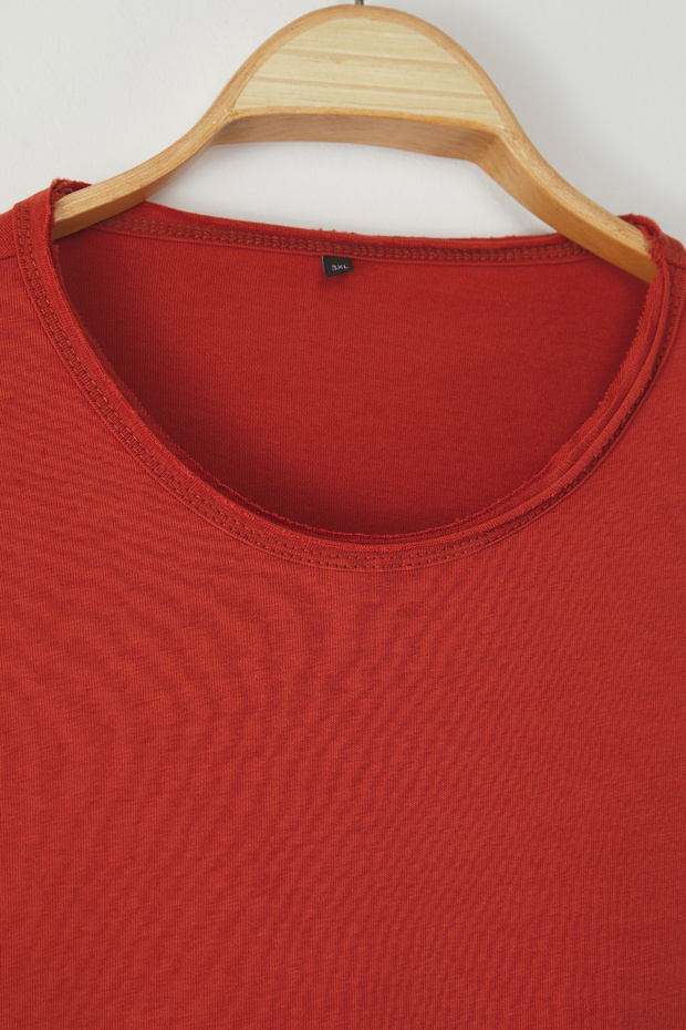 Kiremit Büyük Beden Oversize/Geniş Kesim %100 Pamuklu Yaka Detaylı T-Shirt TMNSS25BF00035 - 3