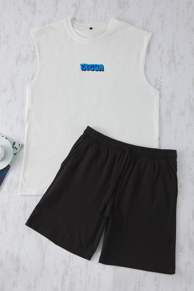 Ekru Siyah Oversize Atlet Şort Örme Pijama Takımı TMNSS25PT00022 - 5
