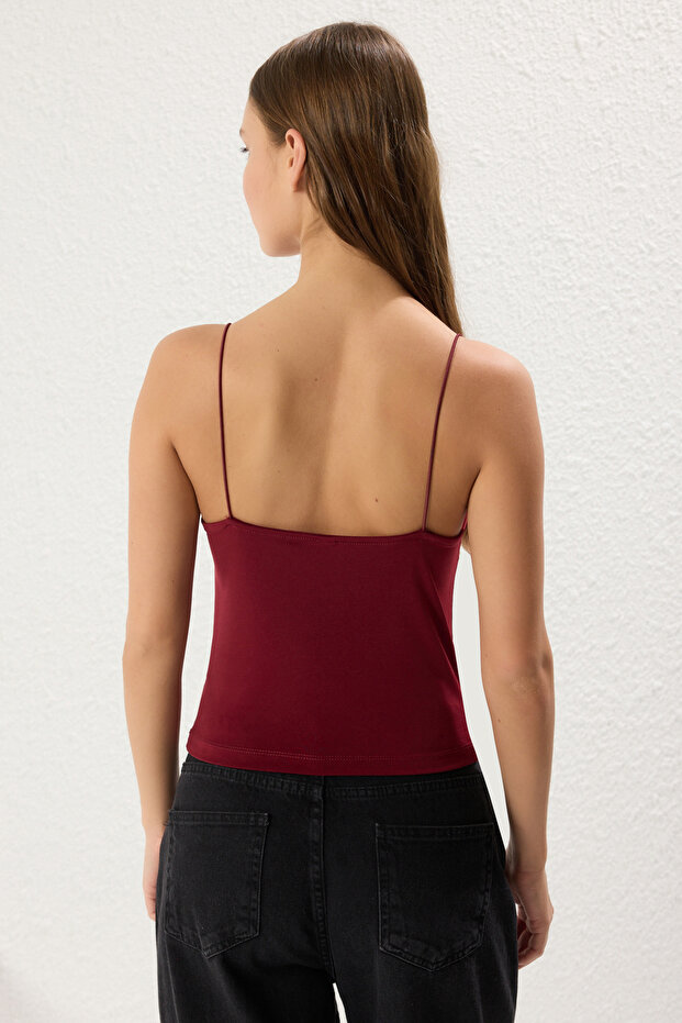 Bordo Fitted/Vücuda Oturan Degaje Yaka Esnek Örme Bluz TWOSS21BZ0667 - 5