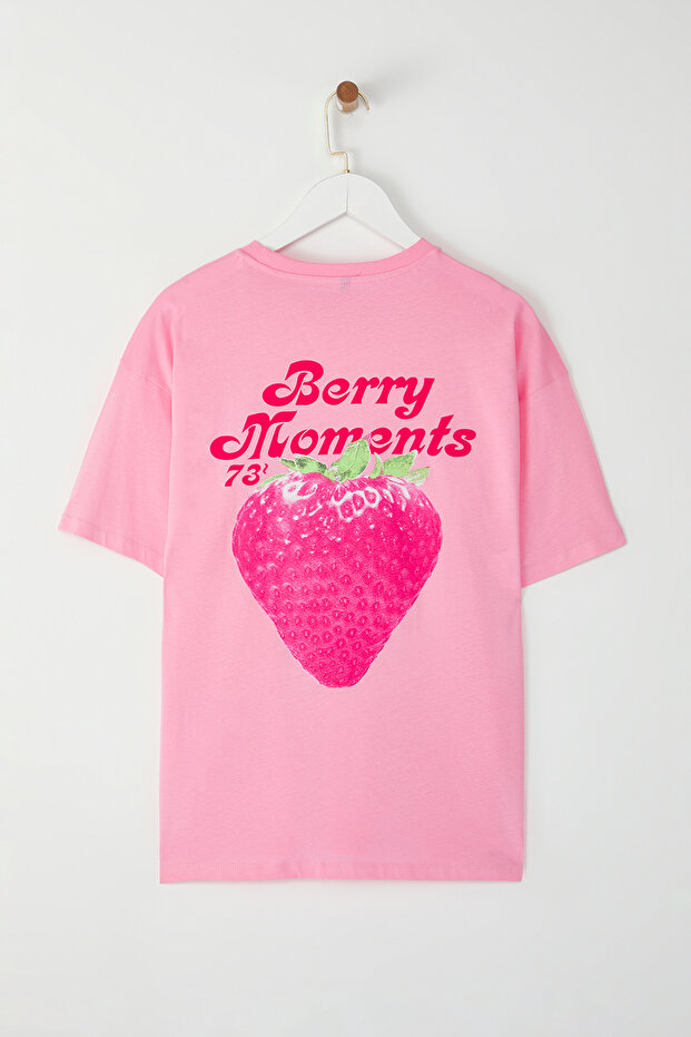 Açık Pembe %100 Pamuk Oversize/Geniş Kalıp Ön Arka Baskılı Örme T-Shirt TWOSS25TS00077 - 5