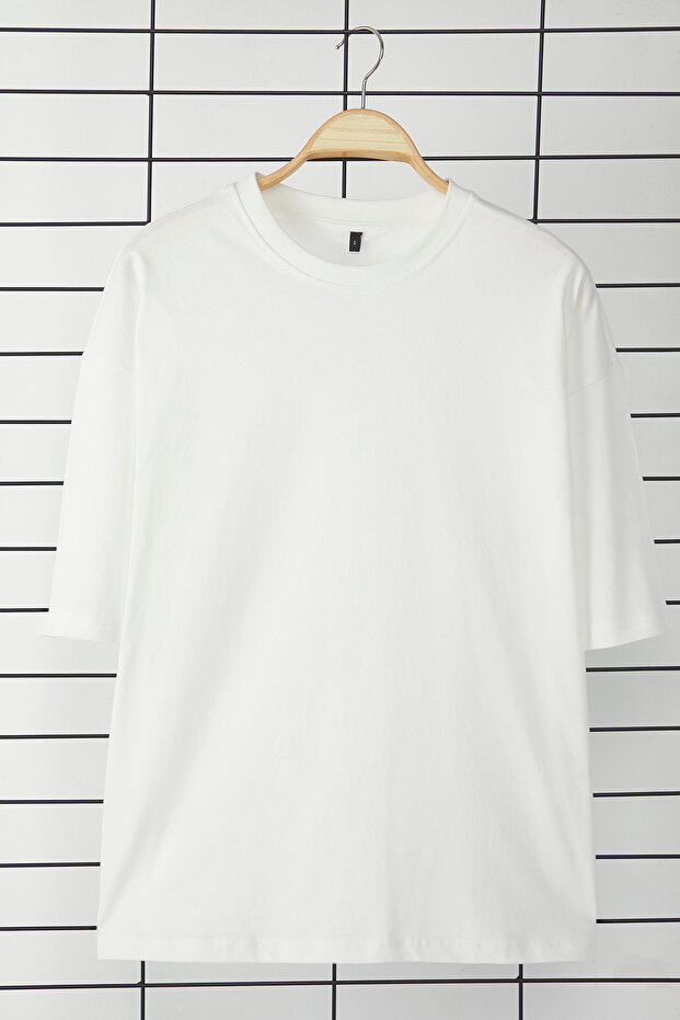 Ekru Loose/Düşük Omuz %100 Pamuklu Basic T-Shirt TMNSS25TS00162 - 4