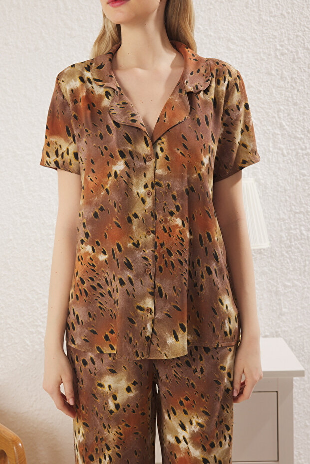 Çok Renkli Leopar Desenli Viskon Dokuma Pijama Takımı THMSS25PT00090 - 4