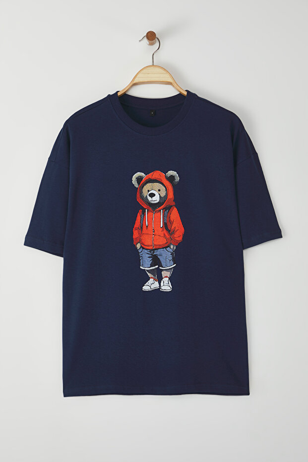 Lacivert Unisex Oversize/Geniş Kesim Ayıcık Baskılı %100 Pamuklu T-Shirt TMNSS25TS00158 - 5