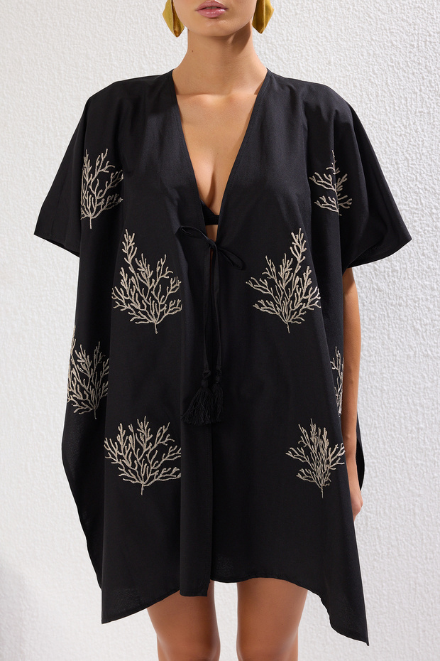 Siyah Dokuma Nakışlı Plaj Mini Kimono&Kaftan TBESS25KM00012 - 3