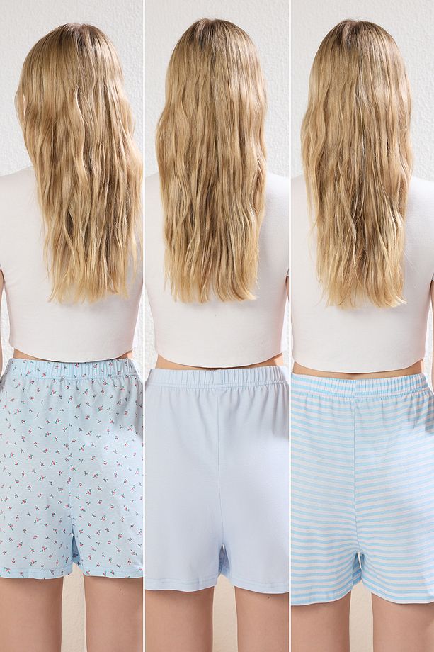 Mavi-Çok Renkli 3'lü Paket %100 Pamuklu Çiçekli ve Çizgili Örme Pijama Altı THMSS25PJ00014 - 2