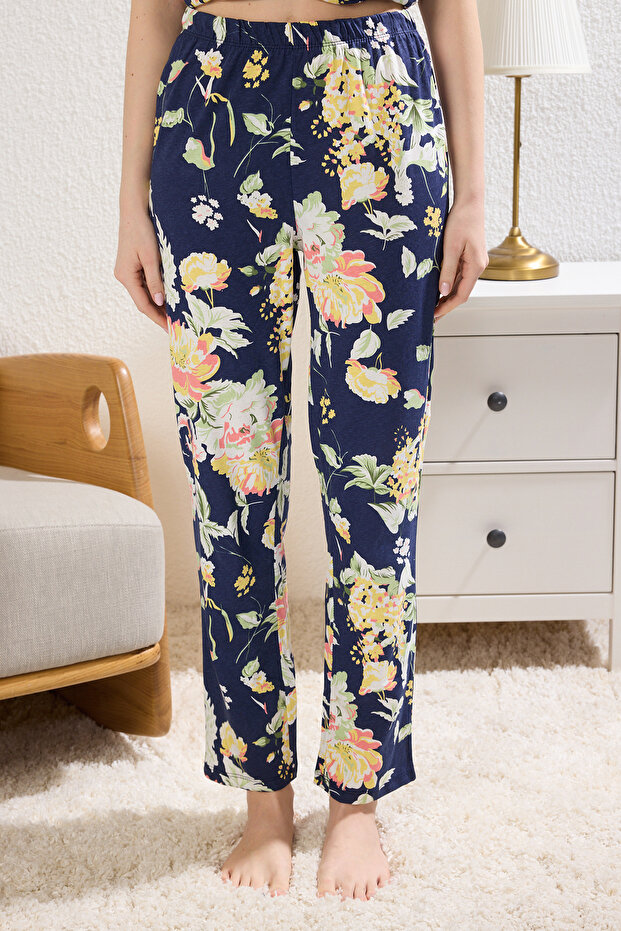 Lacivert %100 Pamuklu Çiçekli Örme Pijama Takımı THMSS20PT0063 - 3