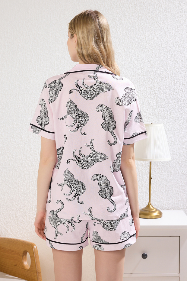 Pembe %100 Pamuklu Kaplan Desenli Biyeli Şortlu Örme Pijama Takımı THMSS25PT00228 - 5