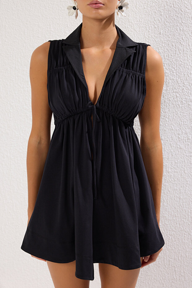 Siyah Örme Büzgülü Plaj Mini Kimono&Kaftan TBESS25KM00007 - 3