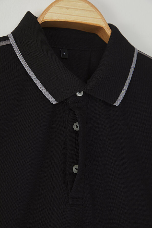 Siyah Regular/Normal Kesim Biyeli %100 Pamuk Polo Yaka T-shirt TMNSS25PO00015 - 4