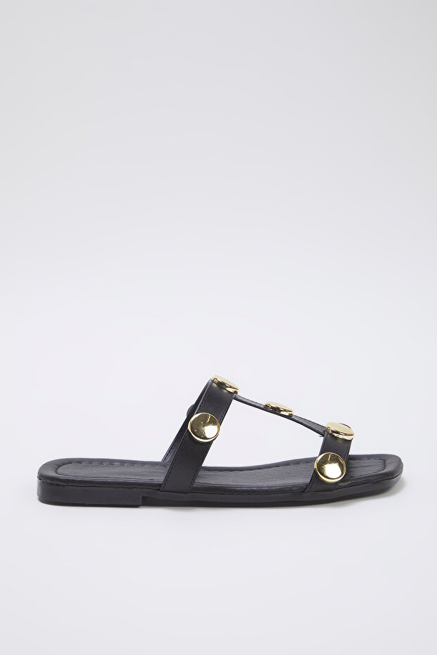 Czarno-złote akcesorium, szczegółowe kwadratowe noski, stylowe damskie kapcie TAKSS25TE00012 - 5