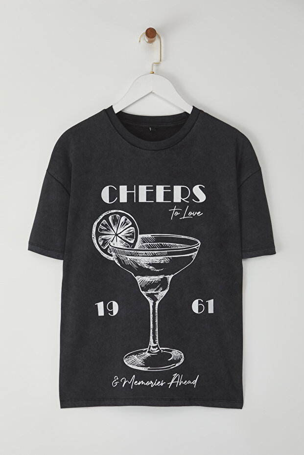 Antrasit Kalın Pamuklu Yıkamalı Baskılı Oversize/Geniş Kalıp Örme T-shirt TWOSS25TS00103 - 5