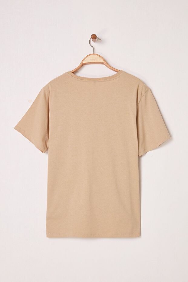 Bej Oversize Animal Baskılı Cep etaylı %100 Pamuk Örme Büyük Beden T-shirt TBBSS24BF00059 - 7