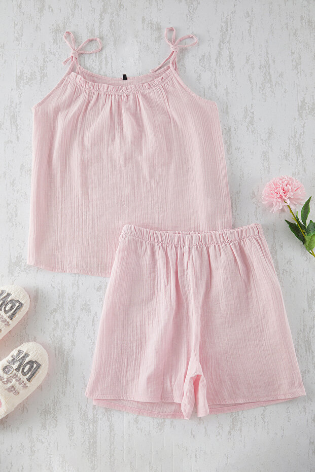 Pembe Askıları Bağlamalı Müslin Dokuma Hamile & Büyük Beden Pijama Takımı TBBSS25AI00051 - 7