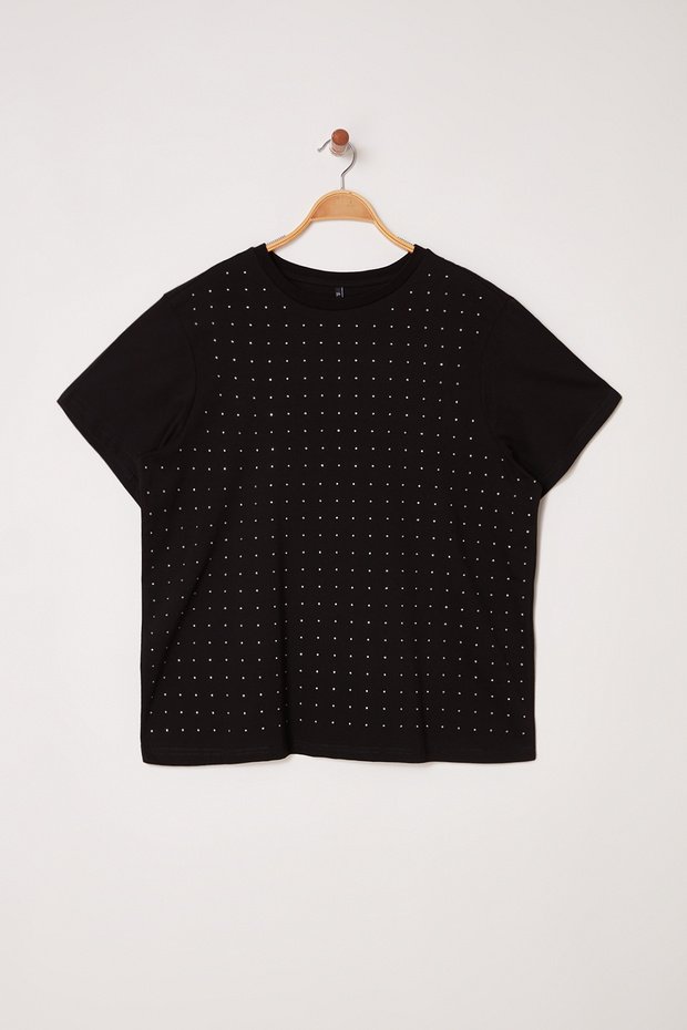 Siyah Taşlı Örme Büyük Beden Tshirt TBBSS25BF00042 - 5