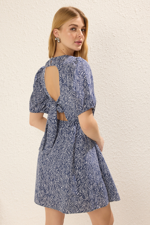 Indigo Çizgili Eteği Belden Açılan Cut Out / Volan Mini Dokuma Elbise TWOSS22EL2858 - 1