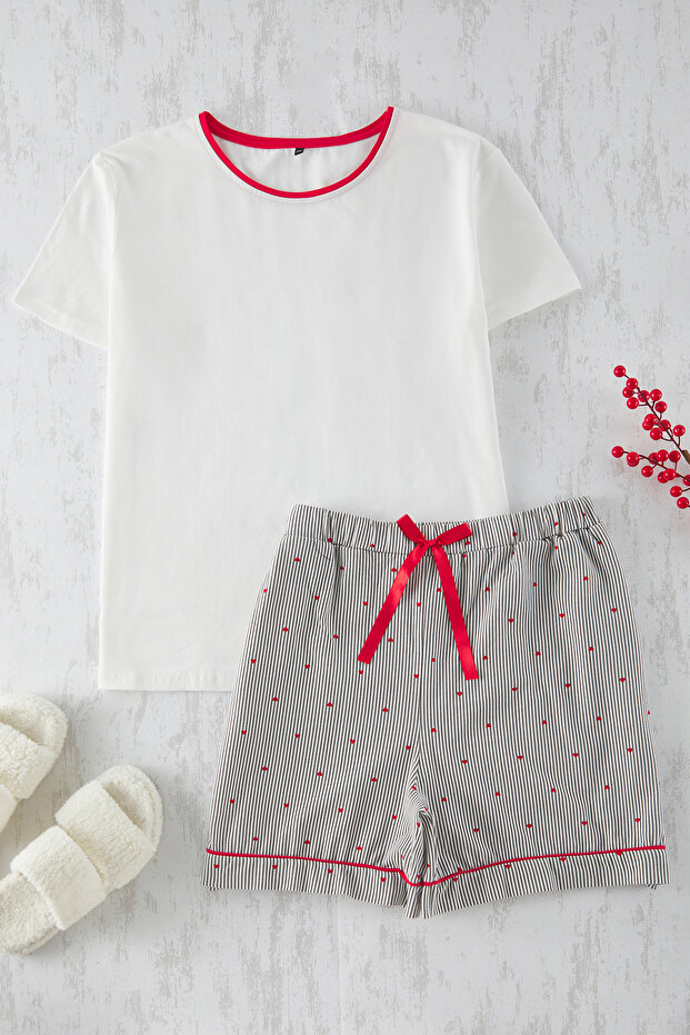 Kırmızı-Ekru Çizgili Kalp Desenli Örme Pijama Takımı TBBSS25AI00045 - 3