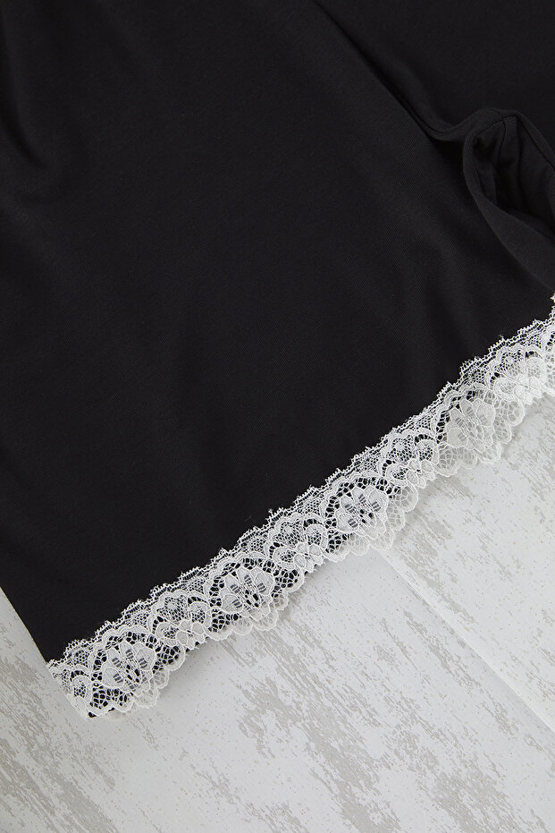 Siyah V Yaka Dantel Detaylı Viskon Örme Hamile & Büyük Beden Pijama Takımı TBBSS25AI00036 - 10