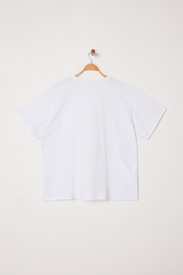 Beyaz Yapıştırma Ayna Aksesuarlı Örme Büyük Beden Tshirt TBBSS25BF00040 - 7