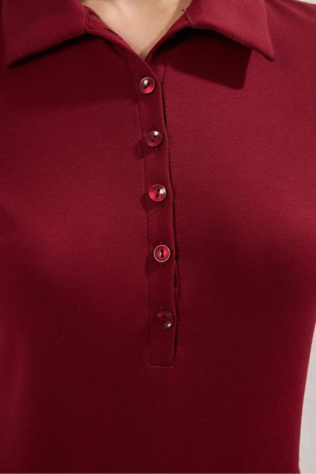 Koyu Vişne Polo Yaka Truvakar Kol Fitted/Vücuda Oturan Örme Bluz TWOSS25BZ00027 - 3